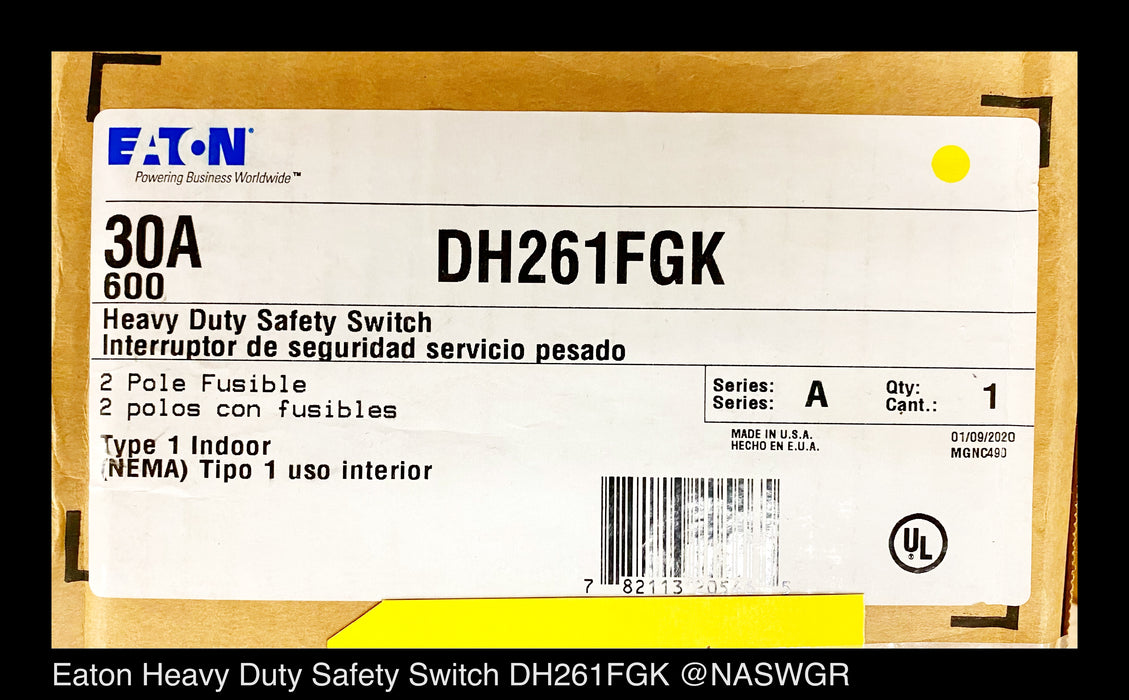Eaton DH261FGK Heavy Duty Safety Switch - 30A/600V/2P/N1 - Unused