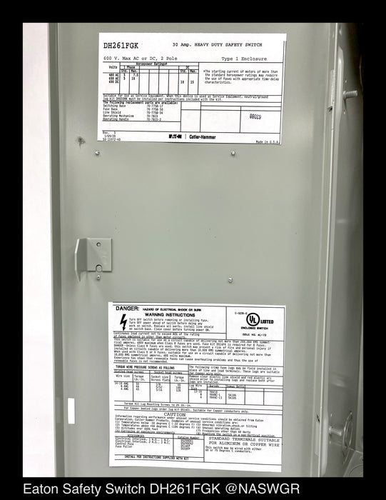Eaton DH261FGK Heavy Duty Safety Switch - 30A/600V/2P/N1 - Unused