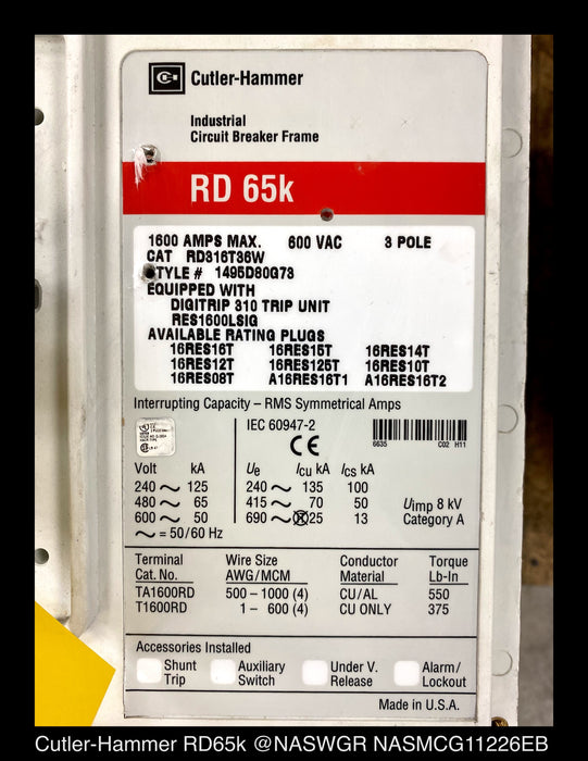 Cutler Hammer RD316T36W Molded Case Circuit Breaker - 1600 Amp