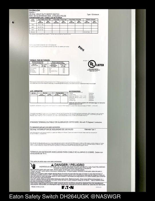 Eaton DH264UGK Heavy Duty Safety Switch - 200A/600V/2P/N3R - Unused