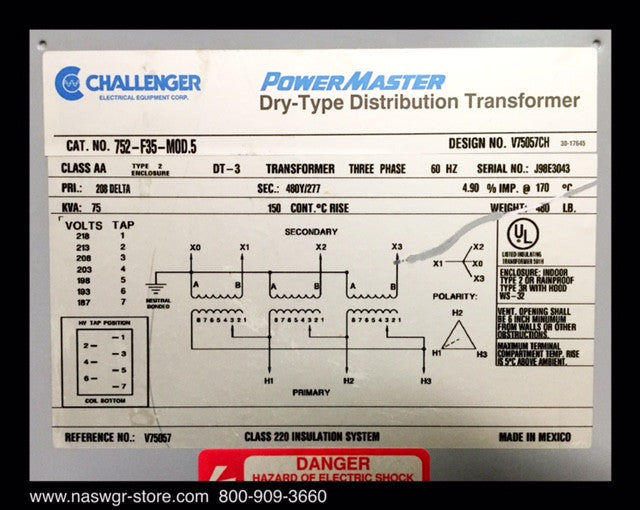Challenger 752-F35-MOD.5 Power Master Dry Type Distribution Transformer - 208:480Y/277