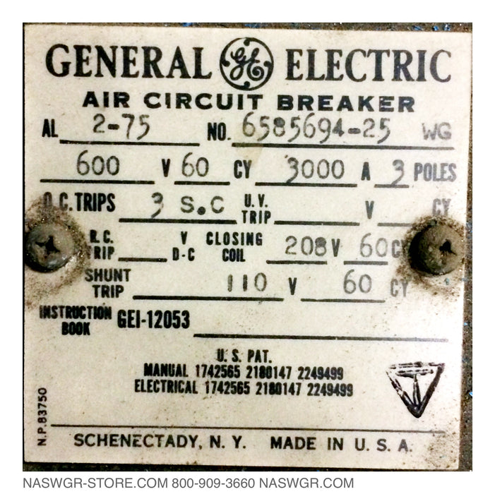 General Electric AL-2-75 Circuit Breaker (E/O,D/O) - 3000 Amp