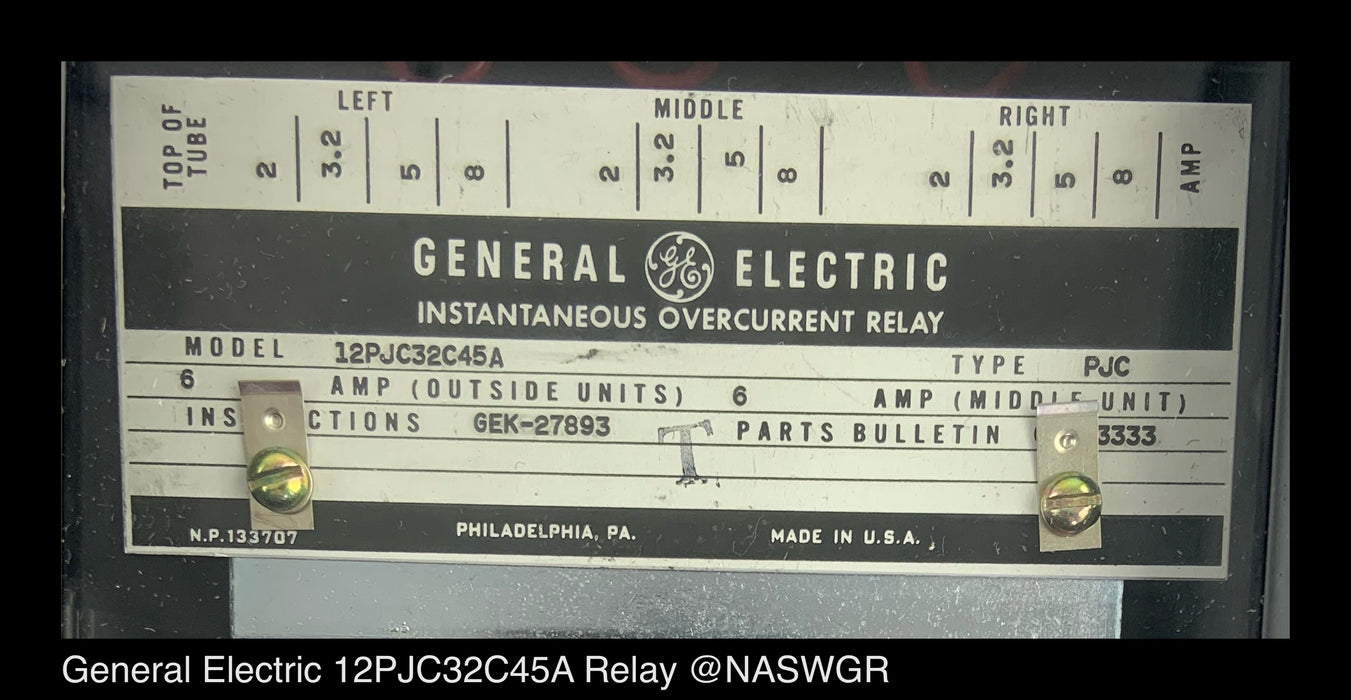 GE 12PJC32C45A Instantaneous Overcurrent Relay - 6 Amp - Unused
