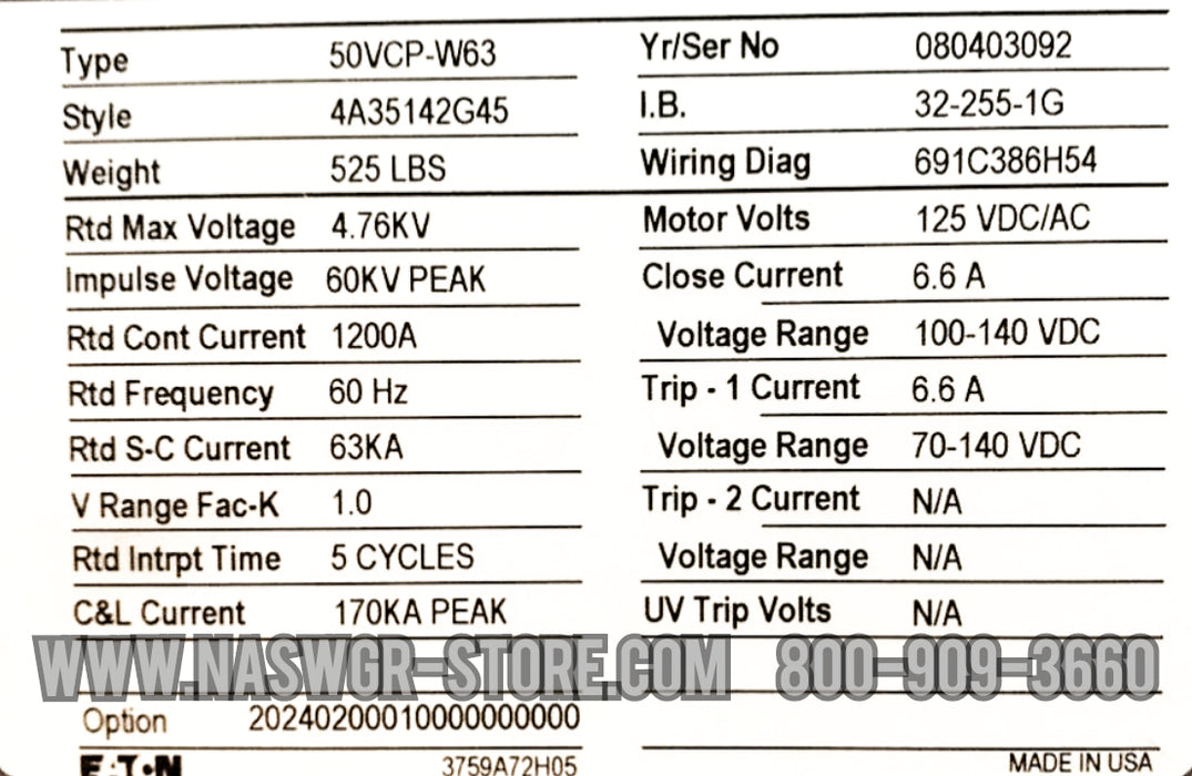 Eaton 50VCP-W63 Vacuum Circuit Breaker (E/O,D/O) - 1200 Amp