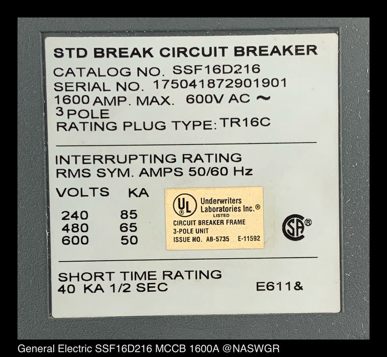 General Electric PowerBreak II SSF16D216 Breaker (M/O,B/I) - 1600 Amp