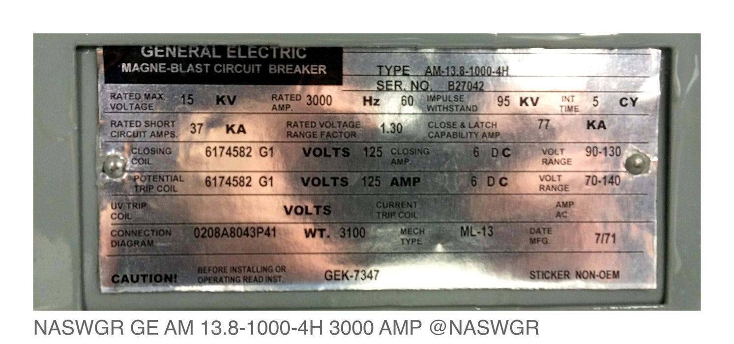 GE Magneblast AM13.8-1000-4H Circuit Breaker (E/O,D/O) - 3000 Amp