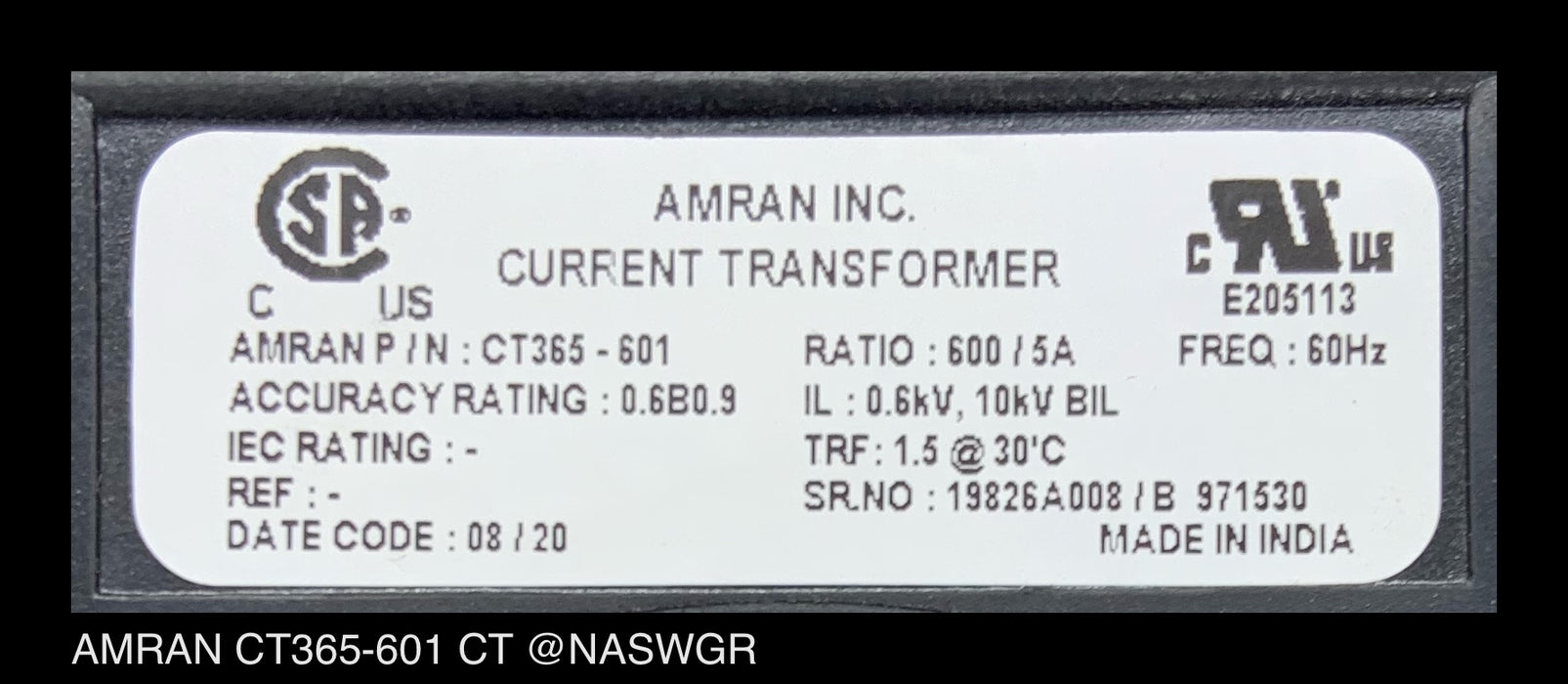 Amran CT365-601 Current Transformer - 600:5 Amp - Unused
