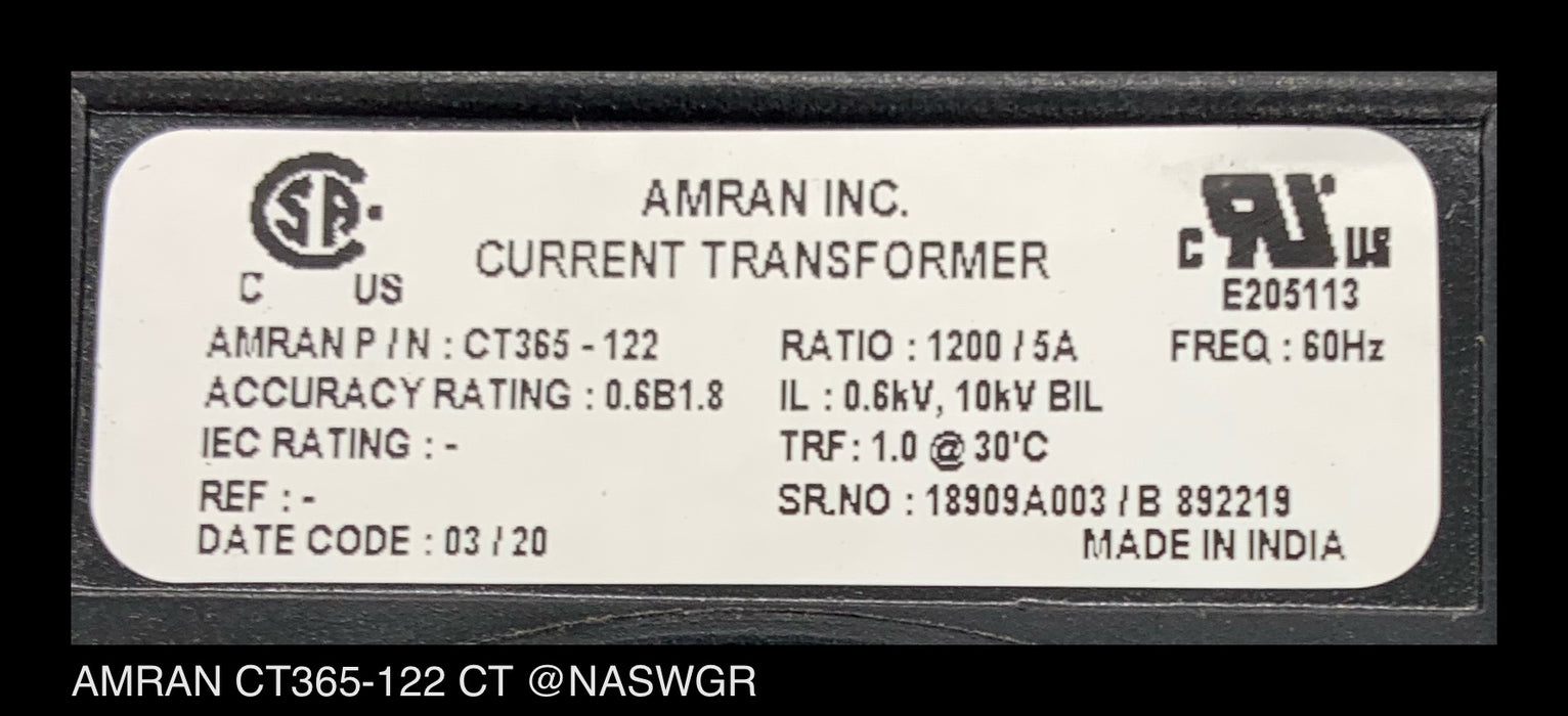 Amran CT365-122 Current Transformer - 1200:5 Amp - Unused