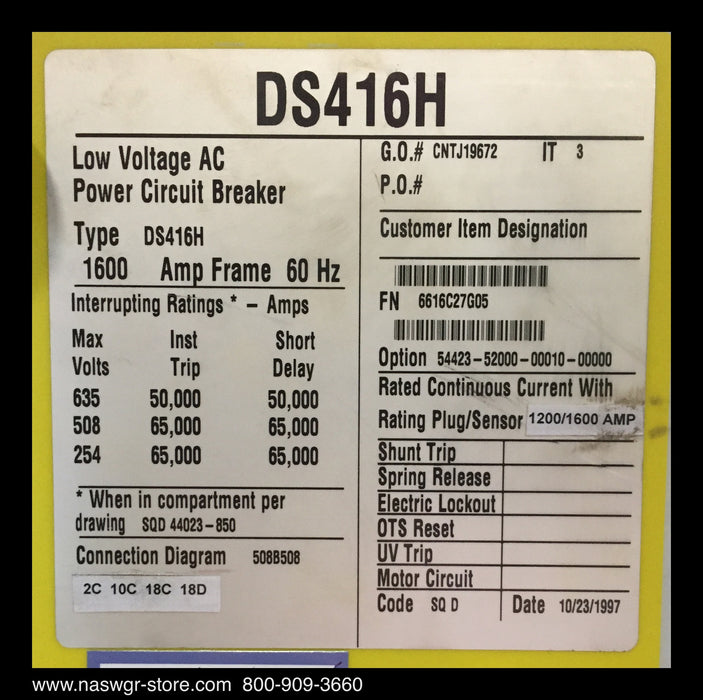 Square D DS-416H Circuit Breaker (M/E/O,D/O) - 1600 Amp