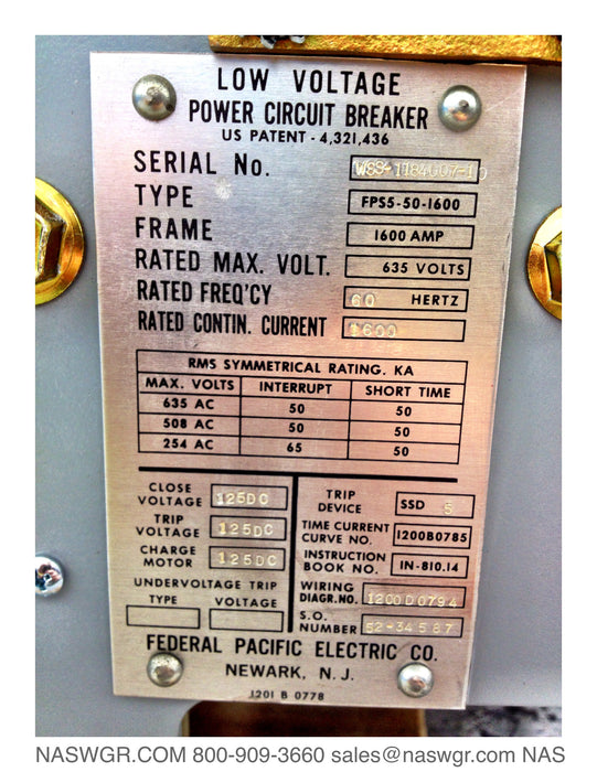 Federal Pacific FPS-5-50 Circuit Breaker (E/O,D/O) - 1600 Amp - Class A Recondition