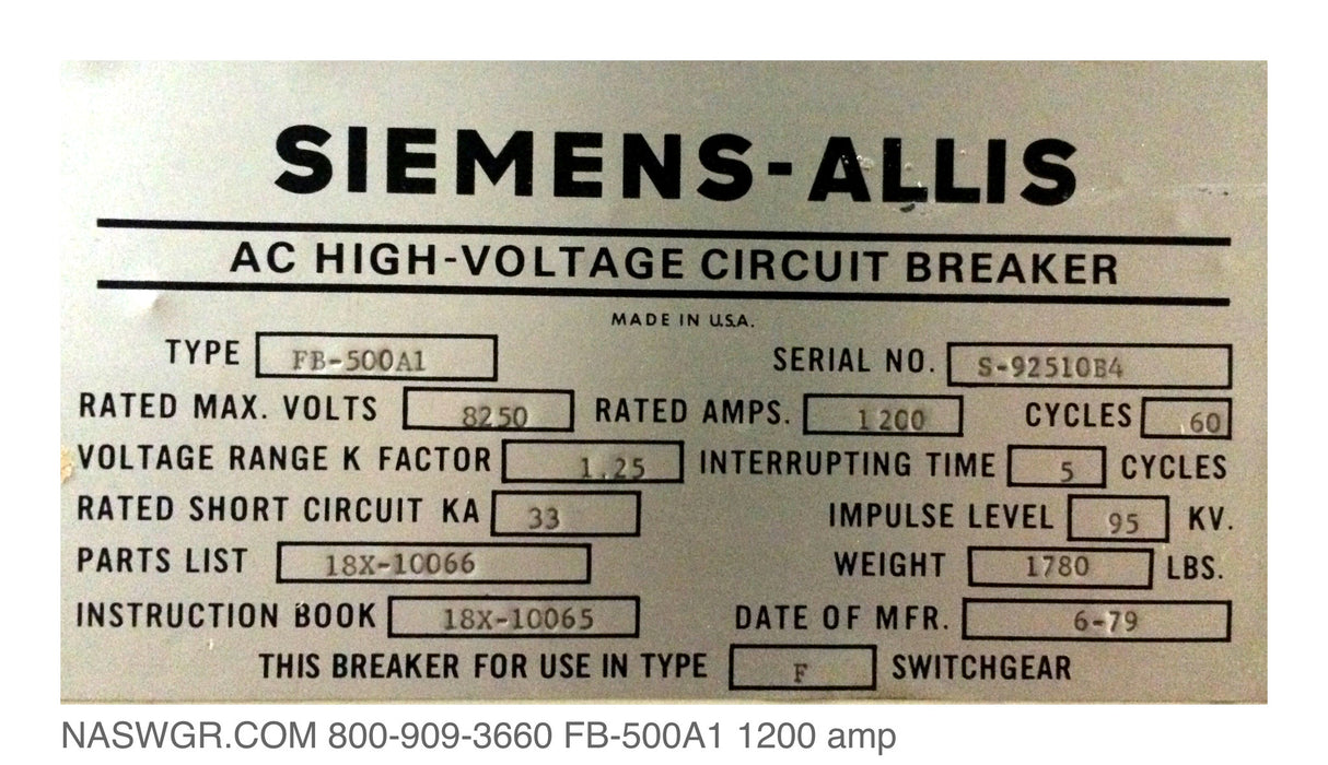 Siemens-Allis FB-500A1 Circuit Breaker (E/O,D/O) - 1200 Amp