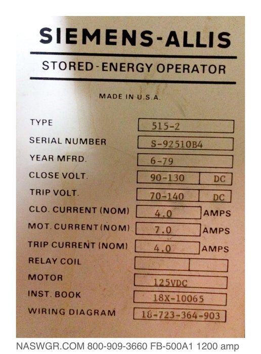 Siemens-Allis FB-500A1 Circuit Breaker (E/O,D/O) - 1200 Amp