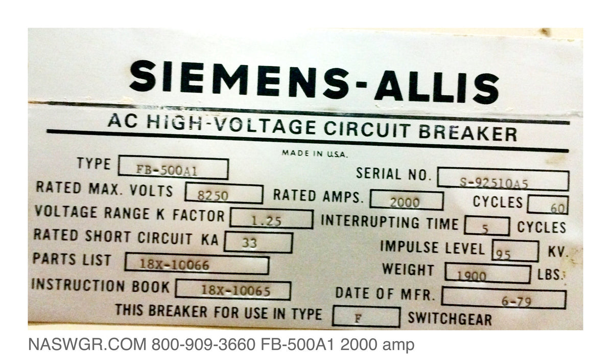 Siemens-Allis FB-500A1 Circuit Breaker (E/O,D/O) - 2000 Amp