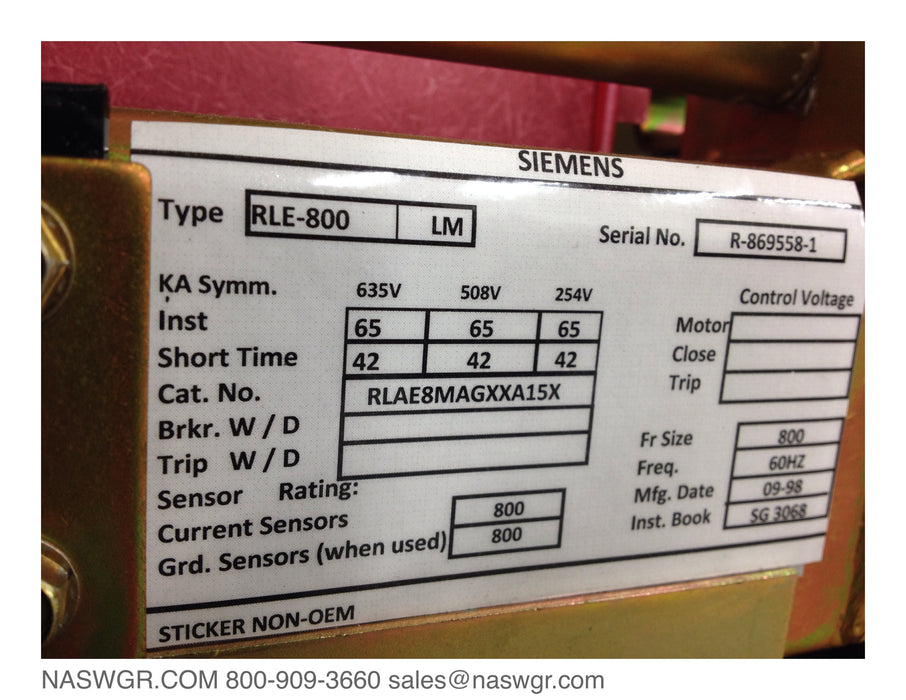 Siemens RLE-800 Circuit Breaker (M/O,D/O) - 800 Amp