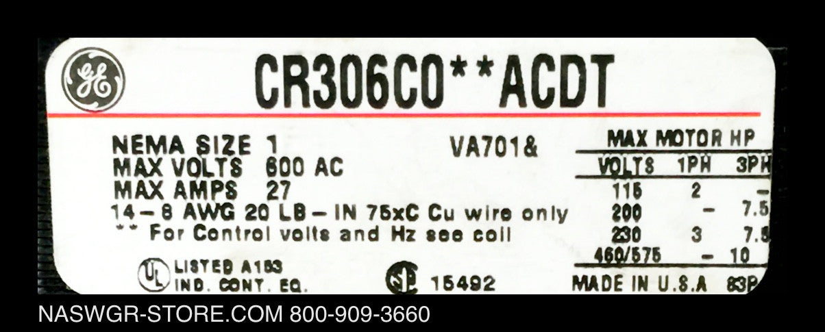 GE 8000 Series Size 1 Breaker Style Combination MCC Bucket 12" ~ CR306C0**ACDT