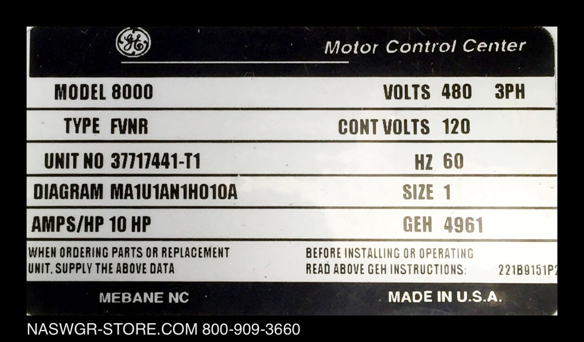 GE 8000 Series Size 1 Breaker Style Combination MCC Bucket 12" ~ CR306C0**ACDT