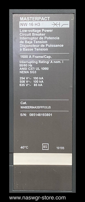 Square D MasterPact NW16H3 Circuit Breaker ~ 1600 Amp