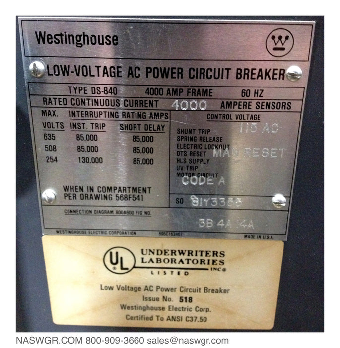 Westinghouse DS-840 Circuit Breaker, 4000A Manually Operated Drawout, Amptector II-A Model TR LSI, Shunt Trip