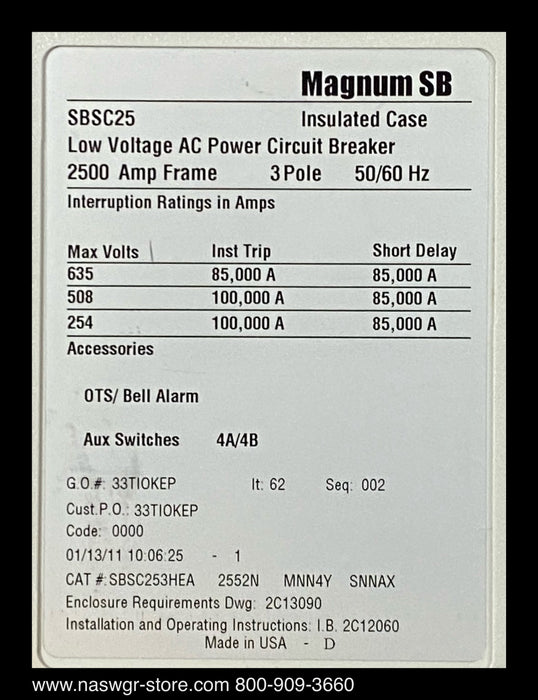 Eaton Magnum SB SBSC25 Circuit Breaker (M/O,B/I) - 2500 Amp