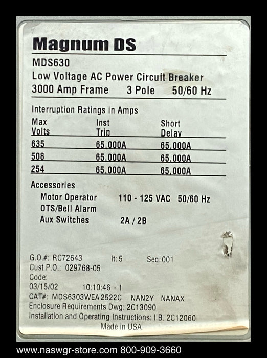 Eaton Magnum DS MDS630 Circuit Breaker (M/O,D/O) - 3000 Amp