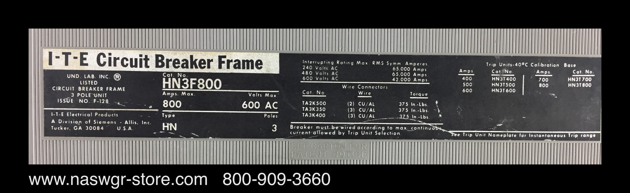 ITE HN3F800 Molded Case Circuit Breaker - 800 Amp - Unused
