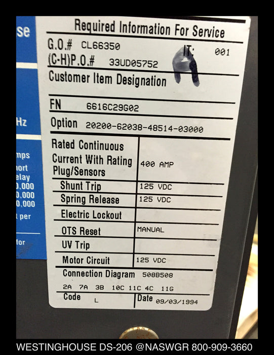 Westinghouse DS-206 Circuit Breaker (E/O,D/O) - 800 Amp Frame