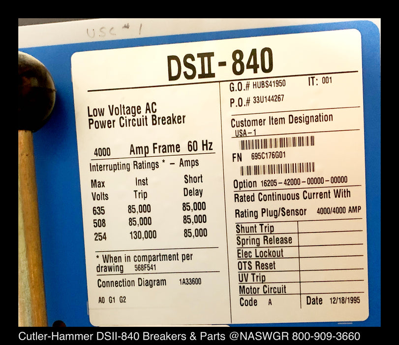 Cutler Hammer DSII-840 Circuit Breaker (M/O,D/O) - 4000 Amp