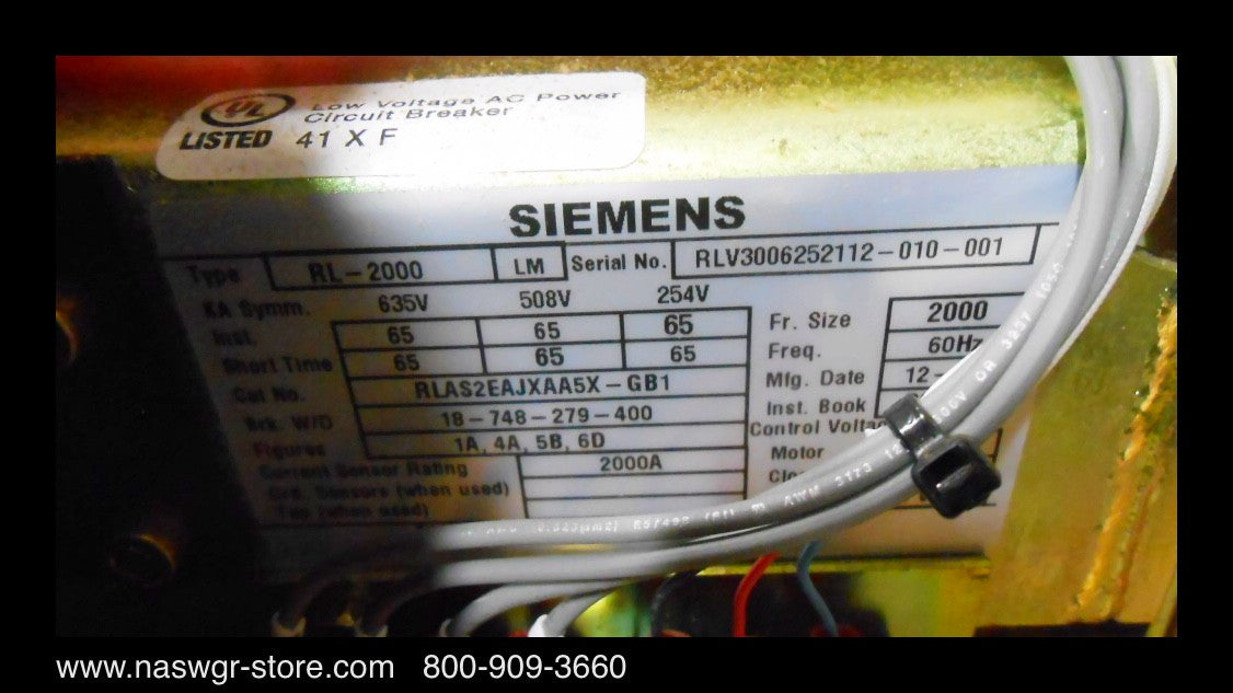 Siemens RL-2000 Circuit Breaker (E/O,D/O) - 2000 Amp - Unused