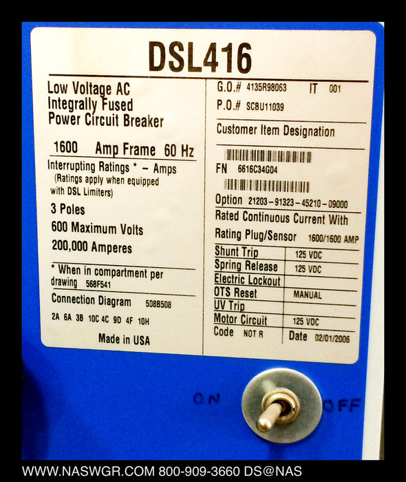 Cutler-Hammer DSL-416 Circuit Breaker (E/O,D/O) - 1600 Amp