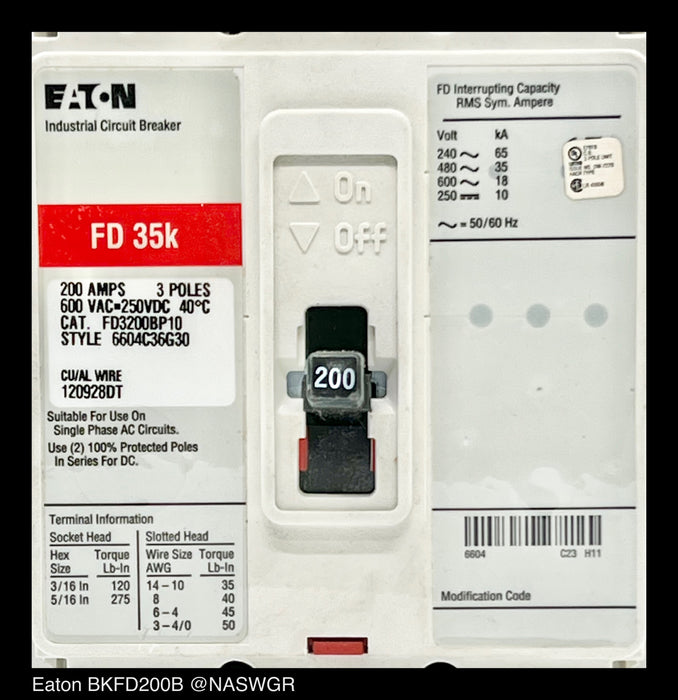 Eaton BKFD200B Main or Subfeed Breaker Kit - 200 Amp - Unused