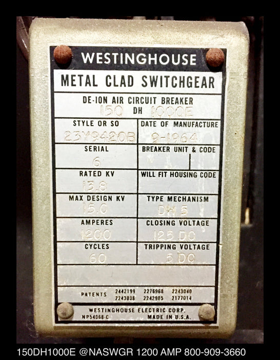 Westinghouse 150DH1000E Circuit Breaker (E/O,D/O) - 1200 Amp