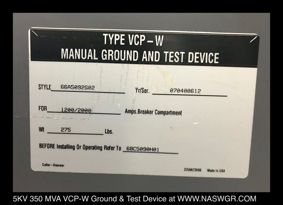 Eaton 66A5092G02 VCP-W Manual Ground And Test Device - 1200/2000 Amp
