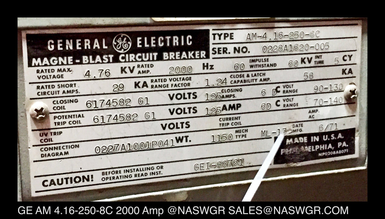 GE Magneblast AM4.16-250-8C Circuit Breaker (E/O,D/O) - 2000 Amp