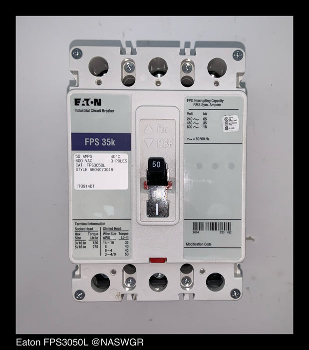 Eaton FPS3050L Molded Case Circuit Breaker - 50 Amp - Unused Surplus