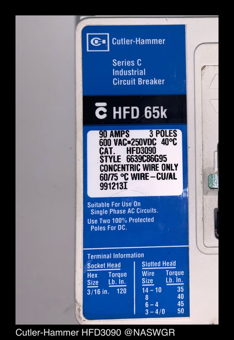 Cutler Hammer HFD3090 Molded Case Circuit Breaker - 90 Amp