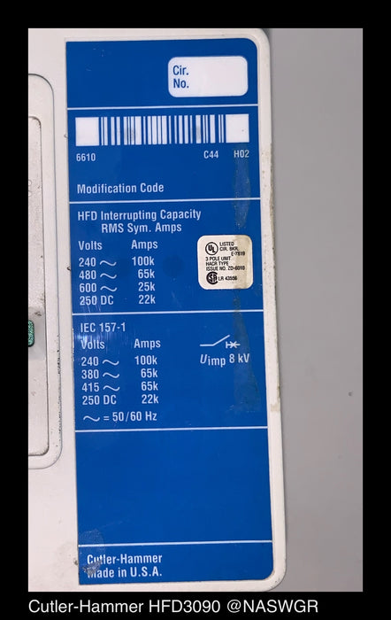 Cutler Hammer HFD3090 Molded Case Circuit Breaker - 90 Amp