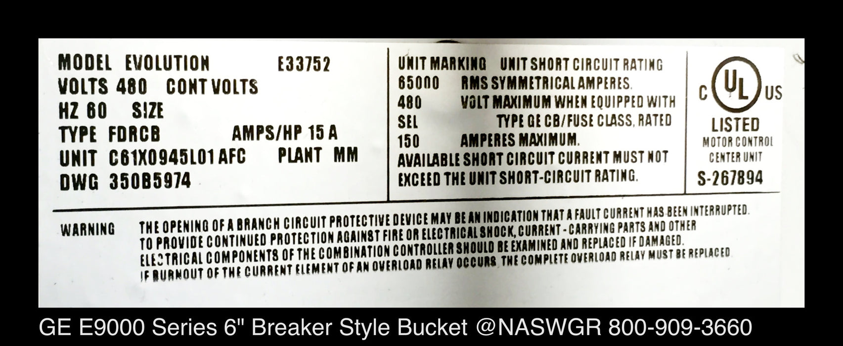 GE E9000 Series Size 1 6" Breaker Style Bucket