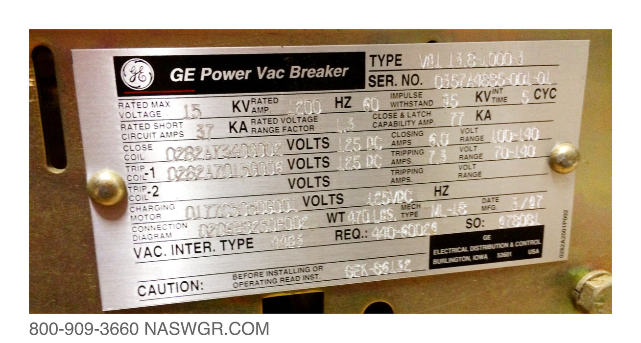 GE PowerVac VB1-13.8-1000 Vacuum Circuit Breaker (E/O,D/O) - 1200 amp
