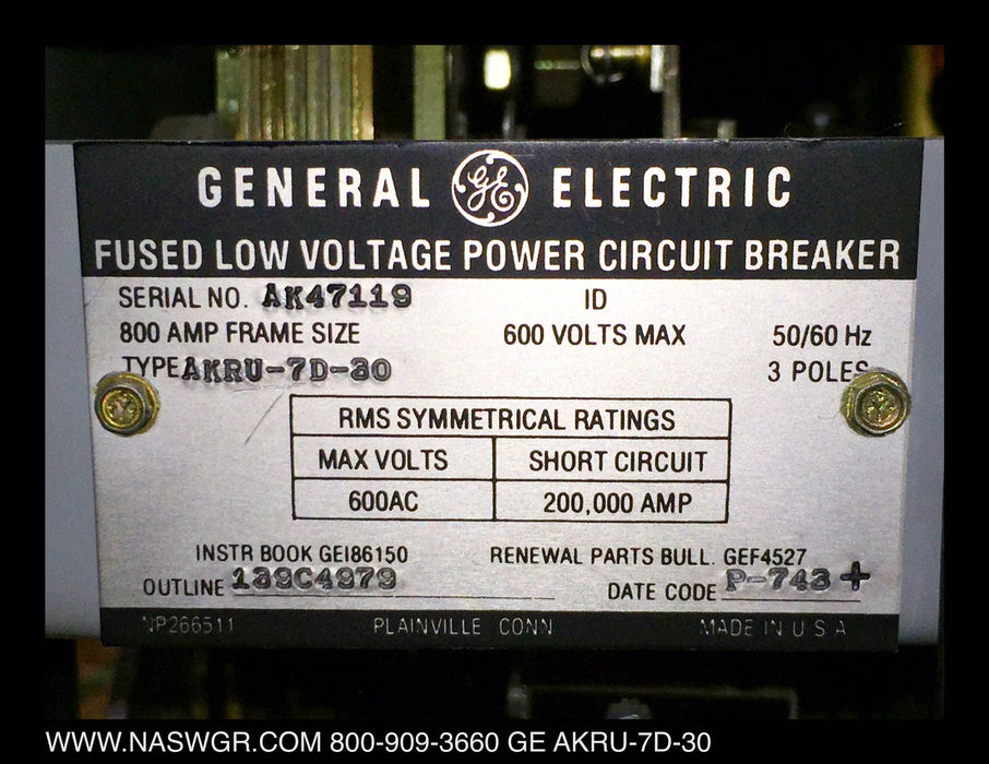 General Electric AKRU-7D-30 Fused Circuit Breaker (E/O,D/O) - 800 Amp