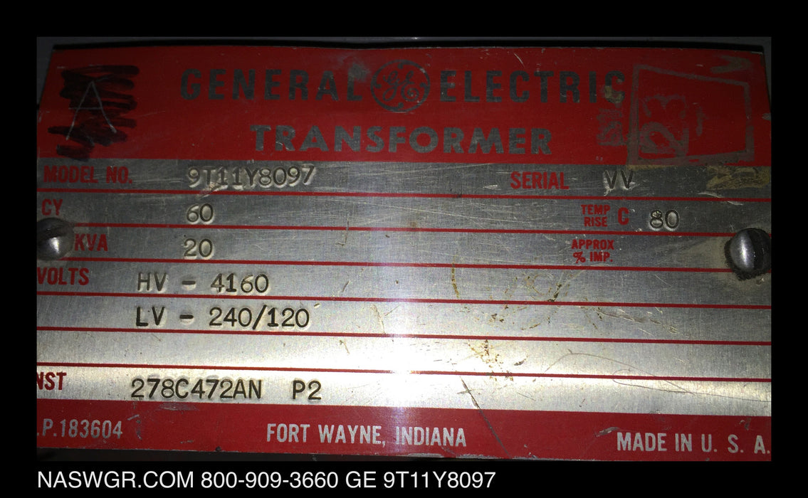 9T11Y8097 ~ GE 9T11Y8097 Control Power Transformer 4160 Primary 240/120 Secondary 20 KVA