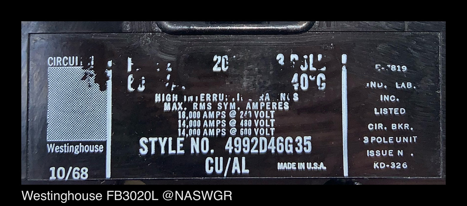 Westinghouse FB3020L Molded Case Circuit Breaker ~ 20 Amp
