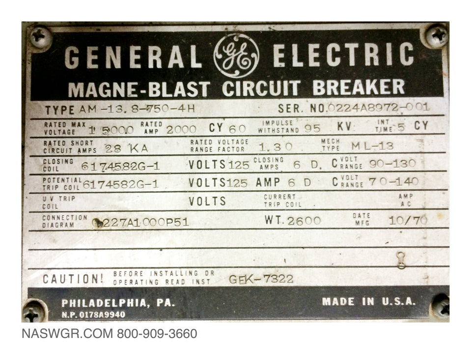 GE Magneblast AM13.8-750-4H Circuit Breaker (E/O,D/O) - 2000 Amp