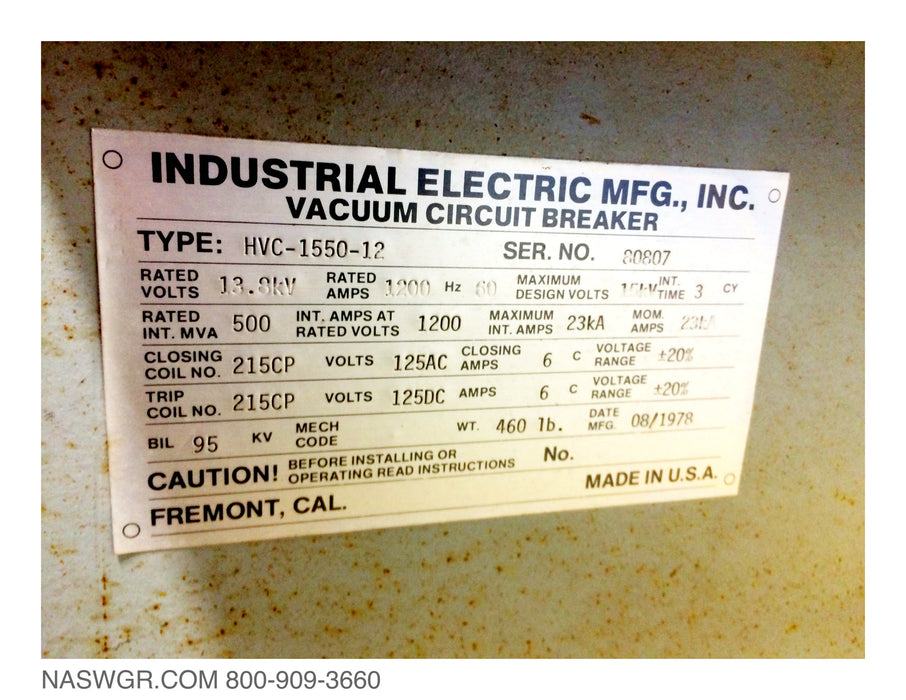 IEM HVC-1550-12 Vacuum Circuit Breaker (E/O,D/O) - 1200 Amp