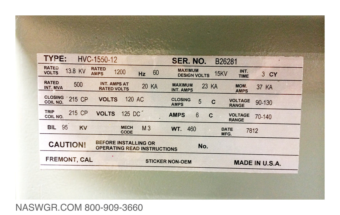 IEM HVC-1550-12 Vacuum Circuit Breaker (E/O,D/O) - 1200 Amp