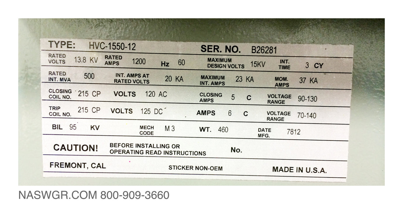 IEM HVC-1550-12 Vacuum Circuit Breaker (E/O,D/O) - 1200 Amp