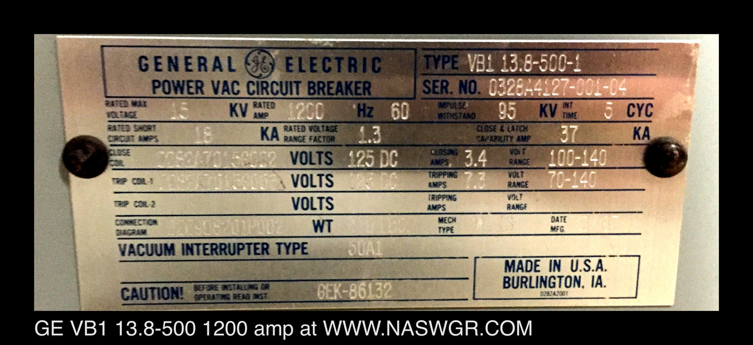 GE PowerVac VB1 13.8-500-1 Vacuum Circuit Breaker (E/O,D/O) - 1200 Amp