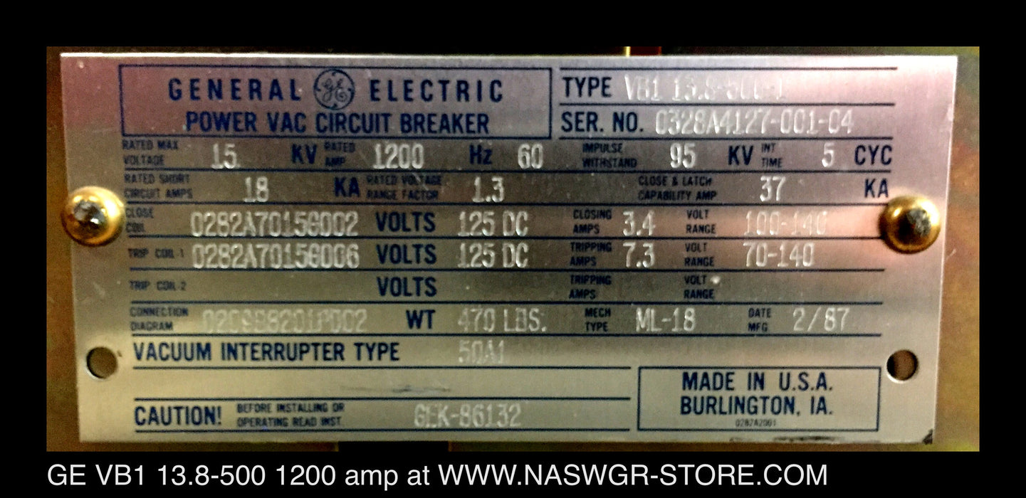 GE PowerVac VB1 13.8-500-1 Vacuum Circuit Breaker (E/O,D/O) - 1200 Amp