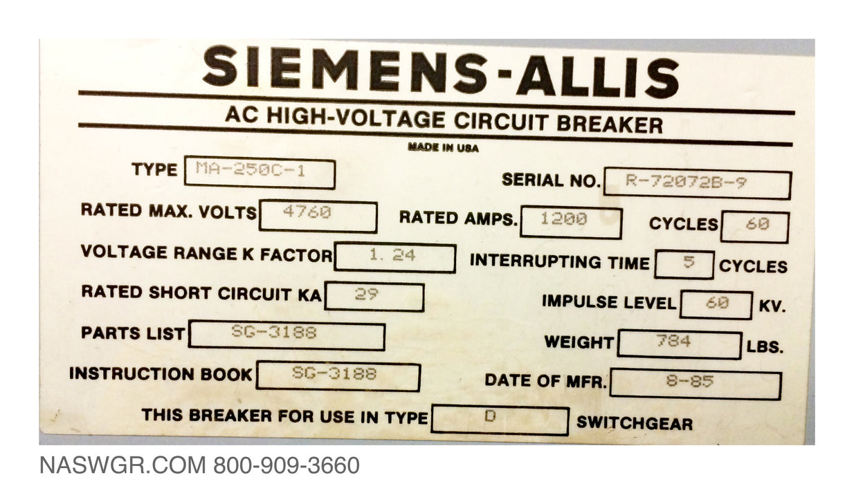 Siemens Allis MA-250C-1 Circuit Breaker (E/O,D/O) - 1200 Amp