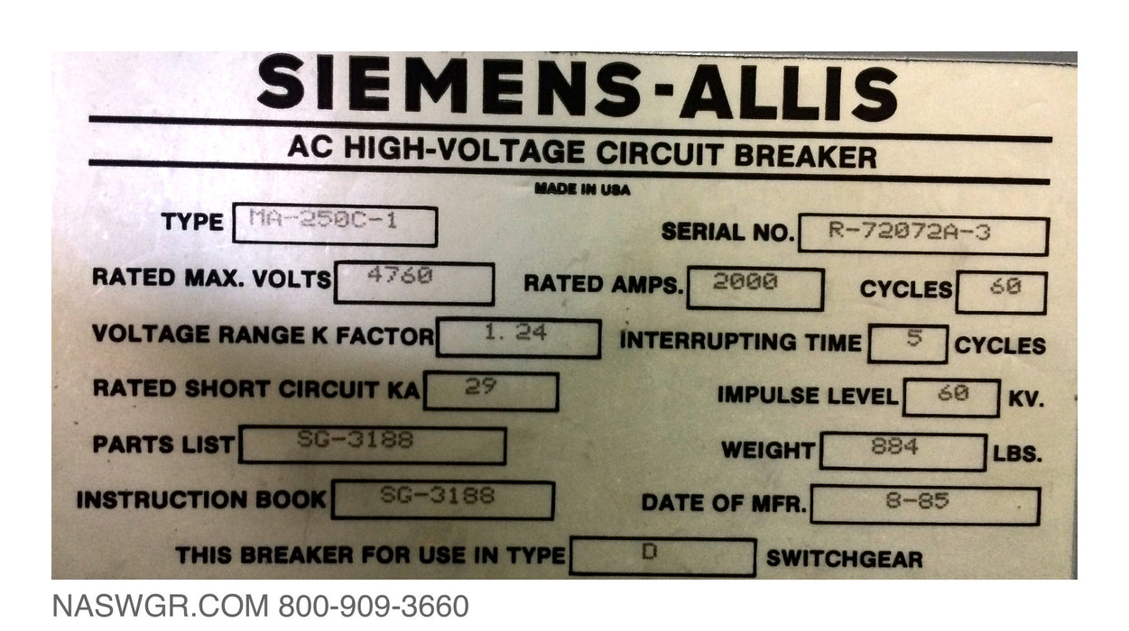 Siemens Allis MA-250C-1 Circuit Breaker (E/O,D/O) - 2000 Amp