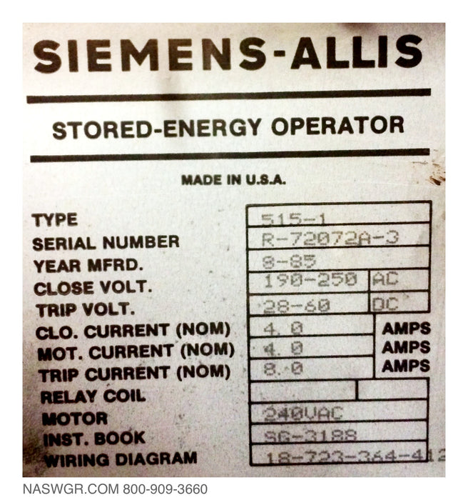 Siemens Allis MA-250C-1 Circuit Breaker (E/O,D/O) - 1200 Amp